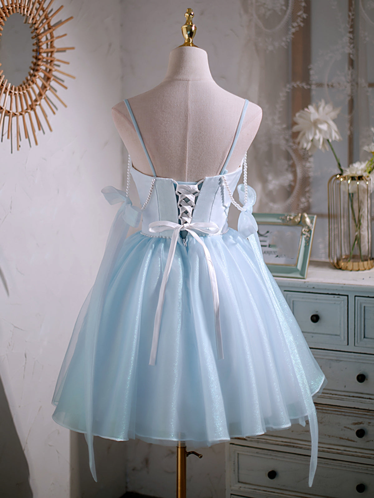 White Dress Outfit, Short V Neck Beaded Blue Prom Dresses, Short Blue V Neck Formal Homecoming Dresses