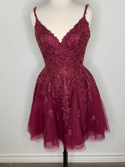 Prom Dresses Ball Gown, Short V Neck Burgundy Lace Prom Dresses, Short Wine Red Lace Homecoming Graduation Dresses
