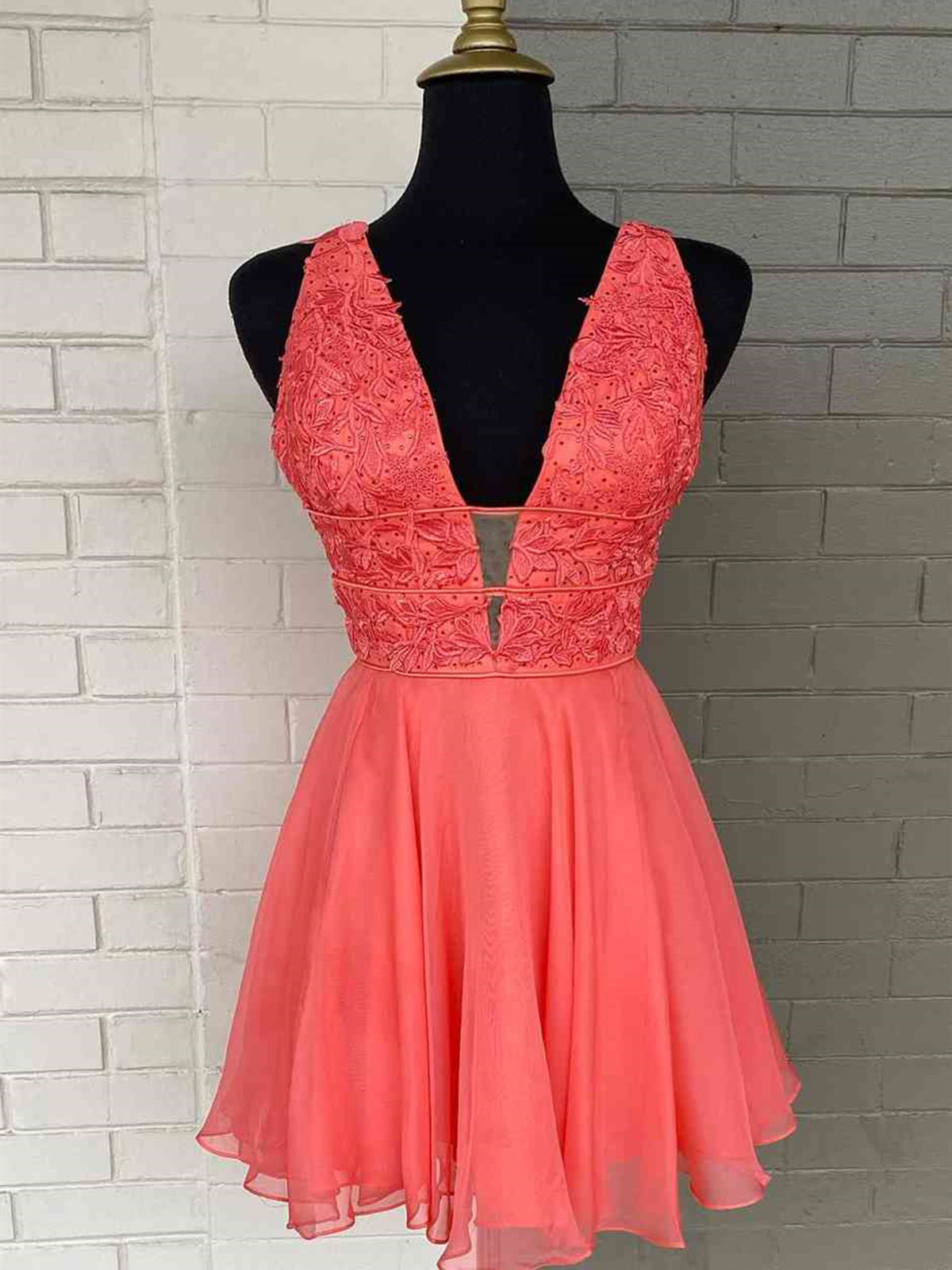 Prom Dress Pink, Short V Neck Coral Lace Prom Dresses, V Neck Coral Lace Formal Homecoming Dresses