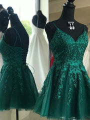 Blue Gown, Short V Neck Dark Green Lace Prom Dresses, Short Dark Green Lace Graduation Homecoming Dresses