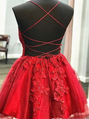 Prom Dresses 2023, Short V Neck Red Lace Prom Dresses, V Neck Short Red Lace Graduation Homecoming Dresses
