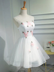 Evening Dress 1921S, Short White Floral Prom Dresses, Short White Floral Formal Homecoming Dresses