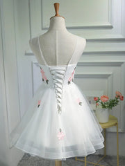 Evening Dress 1921, Short White Floral Prom Dresses, Short White Floral Formal Homecoming Dresses