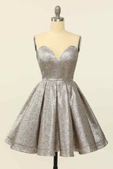 Evening Dress Shop, Silver A-line Strapless Sweetheart Lace-Up Back Mini Homecoming Dress