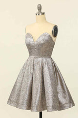 Evening Dress Ideas, Silver A-line Strapless Sweetheart Lace-Up Back Mini Homecoming Dress