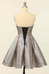 Evening Dresses Store, Silver A-line Strapless Sweetheart Lace-Up Back Mini Homecoming Dress