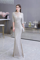 Evening Dresses Classy, Silver Long sleeves Long Prom Dresses