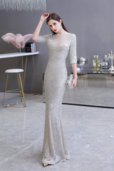 Evening Dresses Lace, Silver Long sleeves Long Prom Dresses