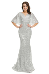 Homecomming Dress With Sleeves, Sequins Mermaid Cape Sleeves V Neck Prom Dresses