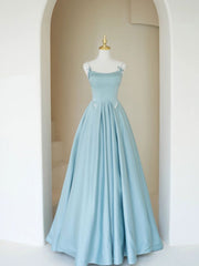 Go Out Outfit, Simple A Line Satin Long Prom Dress, Blue Long Bridesmaid Dress