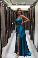 Simple A-Line Stunning Long Prom Dresses, Blue Formal Evening Gowns With Slit