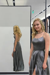 Simple A-Line Stunning Long Prom Dresses, Gray Formal Evening Gowns With Slit
