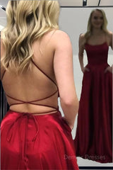 Simple A-Line Stunning Long Prom Dresses, Red Formal Evening Gowns With Slit
