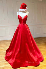 Prom Dresses 2061 Black Girl, Simple A Line V Neck Backless Red Long Prom Dress, Backless Red Fromal Dress, Red Evening Dress