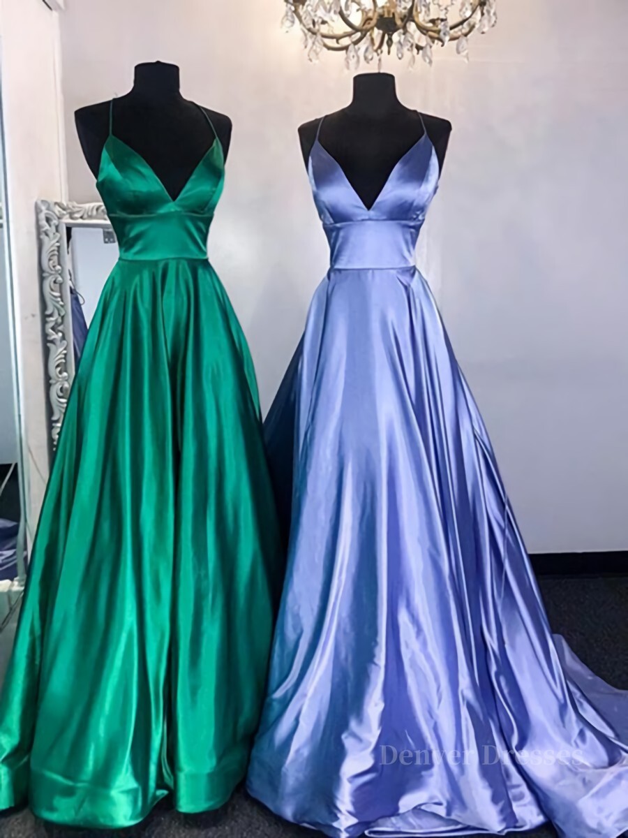 Prom Dress Green, Simple A Line V Neck Emerald Green Blue Long Prom Dresses, Simple Satin Long Formal Evening Dresses