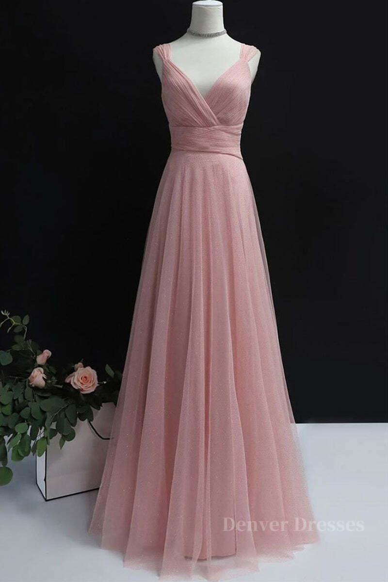 Prom Dresses Cheap, Simple A Line V Neck Pink Tulle Long Prom Dress Bridesmaid Dress, V Neck Pink Formal Dress, Pink Evening Dress