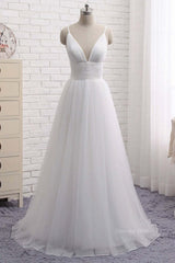 Wedding Dress Simple Lace, Simple A Line V Neck White Wedding Dresses, V Neck White Tulle Prom Formal Dresses