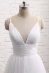 Wedding Dresses For Beach Weddings, Simple A Line V Neck White Wedding Dresses, V Neck White Tulle Prom Formal Dresses