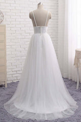 Wedding Dress For Beach Wedding, Simple A Line V Neck White Wedding Dresses, V Neck White Tulle Prom Formal Dresses