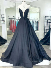Bridesmaid Dresses Black, Simple black satin long prom dress, black evening dress