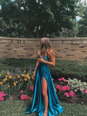 Prom Dress Store Near Me, Simple Blue A-Line Satin Sleeveless Prom Dresses,Long Evening Party Dresses