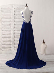 Party Dress Codes, Simple Blue Chiffon Long Prom Dress Backless Blue Evening Dress