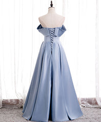 Prom Dresses Sage Green, Simple Blue Off Shoulder Satin Long Prom Dress Blue Bridesmaid Dress