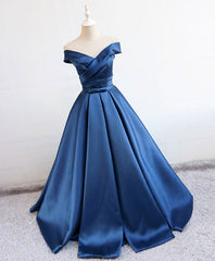 Bridesmaid Dress Blushing Pink, Simple Blue Satin Long Prom Dress, Blue Formal Bridesmaid Dresses