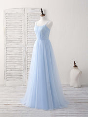 Formal Dresses For Girls, Simple Blue Tulle Long Prom Dress Blue Bridesmaid Dress