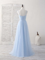 Formal Dresses With Sleeves For Weddings, Simple Blue Tulle Long Prom Dress Blue Bridesmaid Dress