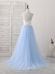 Wedding Pictures Ideas, Simple Blue Tulle Long Prom Dress, Blue Tulle Evening Dress