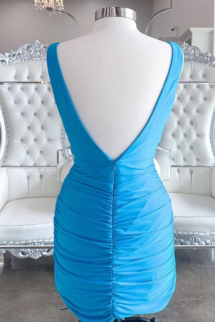 Bridesmaid Dresses With Sleeves, Simple Blue V Neck Bodycon Mini Dress Party Gowns