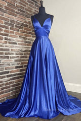 Bridesmaids Dress Style, Simple blue v neck satin long prom dress blue evening dress