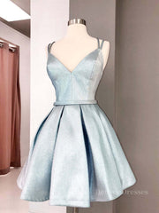 Bridesmaid Dress Purple, Simple blue v neck satin short prom dress, blue homecoming dress