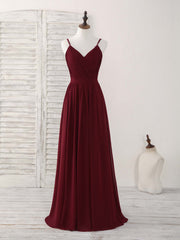 Party Dress Winter, Simple Burgundy Chiffon Long Prom Dress, Burgundy Evening Dress