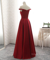 Homecoming Dress Ideas, Simple burgundy off shoulder long prom dress, burgundy evening dress