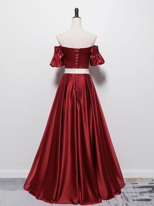 Prom Dress Long Ball Gown, Simple Burgundy Satin Long Prom Dress Burgundy Bridesmaid Dress