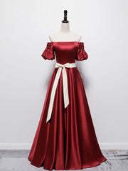 Prom Dresses Patterned, Simple Burgundy Satin Long Prom Dress Burgundy Bridesmaid Dress