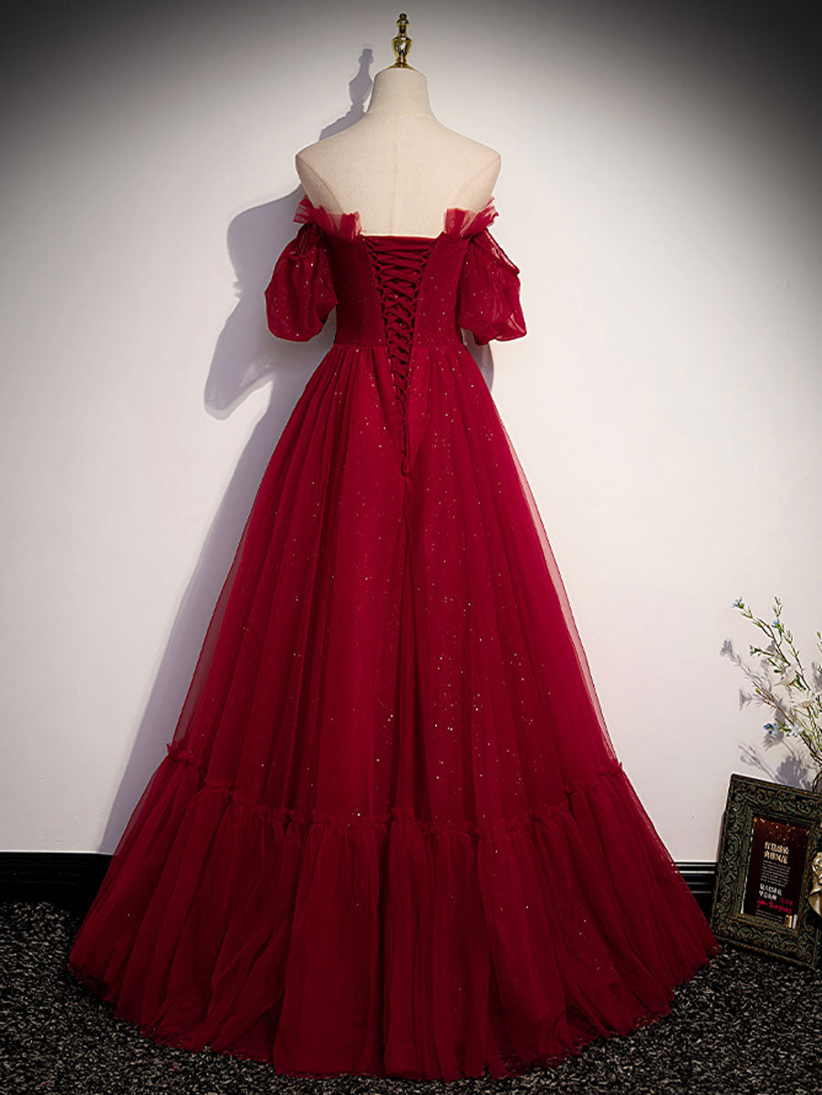 Homecoming Dresses 2025, Simple Burgundy Tulle Long Prom Dress, A line Burgundy Evening Dresses