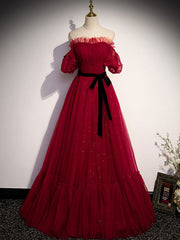 Homecomeing Dresses Long, Simple Burgundy Tulle Long Prom Dress, A line Burgundy Evening Dresses