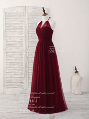 Party Dresses Outfits Ideas, Simple Burgundy Tulle Long Prom Dress, Burgundy Bridesmaid Dress