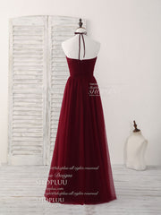 Party Dresses Outfit Ideas, Simple Burgundy Tulle Long Prom Dress, Burgundy Bridesmaid Dress