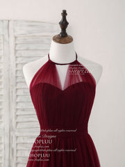 Party Dress Outfits Ideas, Simple Burgundy Tulle Long Prom Dress, Burgundy Bridesmaid Dress