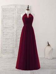 Party Dress Outfit Ideas, Simple Burgundy Tulle Long Prom Dress, Burgundy Bridesmaid Dress