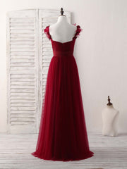 Evening Dresses For Over 53S, Simple Burgundy Tulle Long Prom Dress Burgundy Bridesmaid Dress