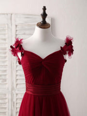 Evening Dress With Sleeves Uk, Simple Burgundy Tulle Long Prom Dress Burgundy Bridesmaid Dress