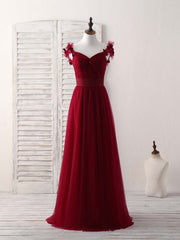 Evening Dresses Knee Length, Simple Burgundy Tulle Long Prom Dress Burgundy Bridesmaid Dress