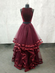 Party Dress Long Dress, Simple Burgundy Two Pieces Tulle Long Prom Dress, Burgundy Evening Dress