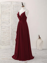 Formal Dressed Long Gowns, Simple Burgundy V Neck Chiffon Long Prom Dress, Bridesmaid Dress