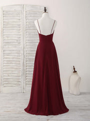 Formal Dress Long Gown, Simple Burgundy V Neck Chiffon Long Prom Dress, Bridesmaid Dress